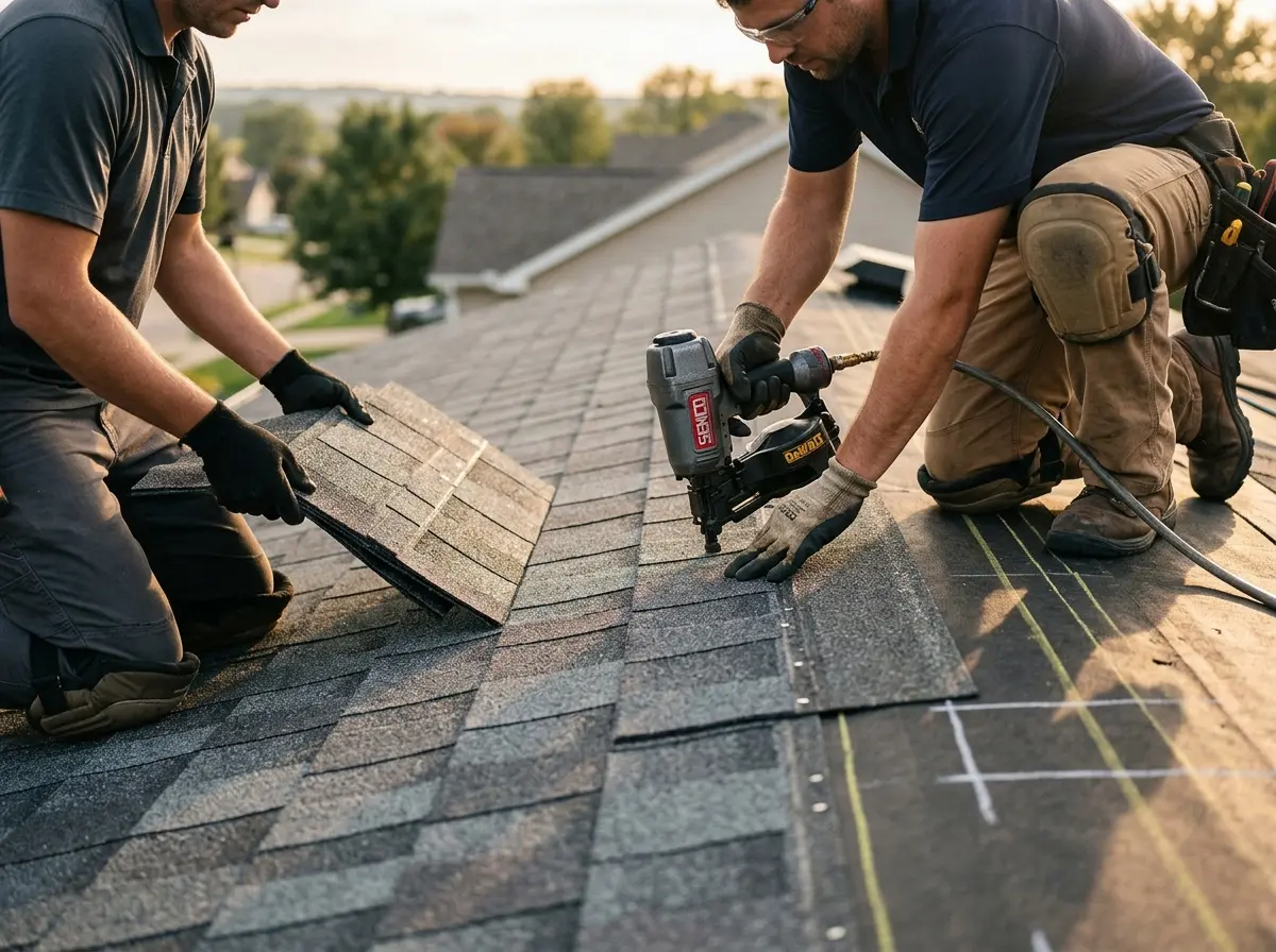 Professional roofer working on a residential roof in St. Augustine Beach